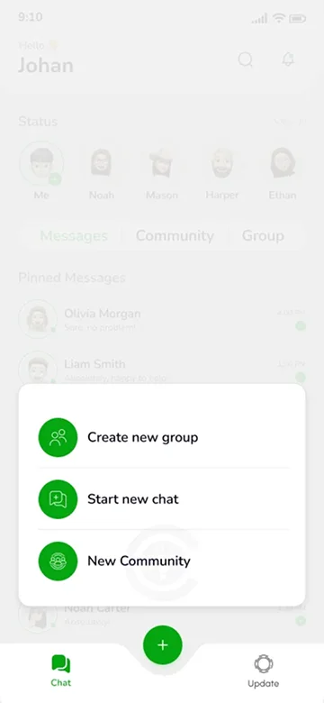 Chat App UI – Quick Menu for Creating Group, Starting Chat, and Building Community