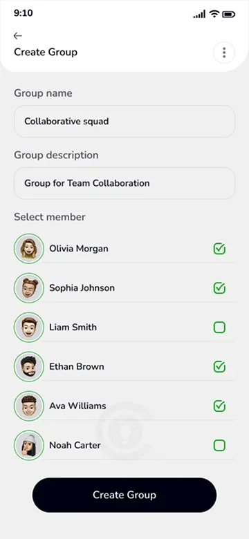 Create Group Screen – Add Members and Set Details for Team Collaboration in Chat App