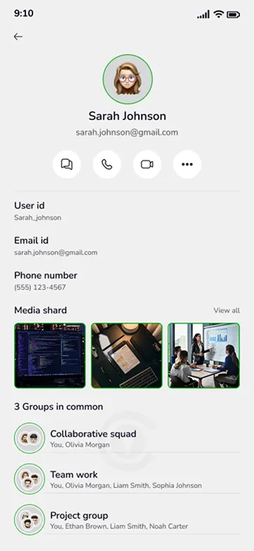 User Profile Screen – Contact Details, Shared Media, and Group Info in Chat App