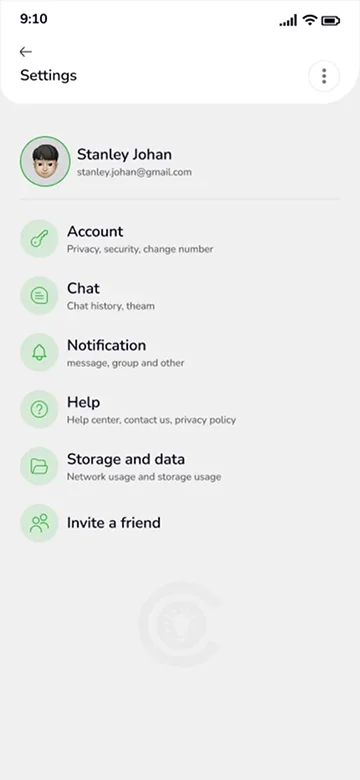 Chat App Settings Screen – Manage Account, Privacy, Notifications, and Data Usage