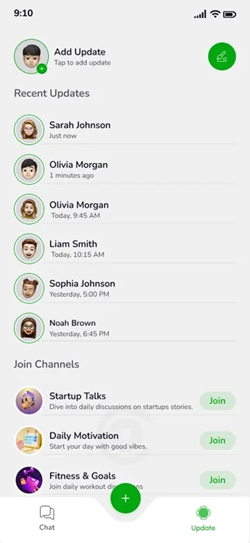 Status & Channel Screen – View Recent Updates and Join Topic-Based Chat Channels