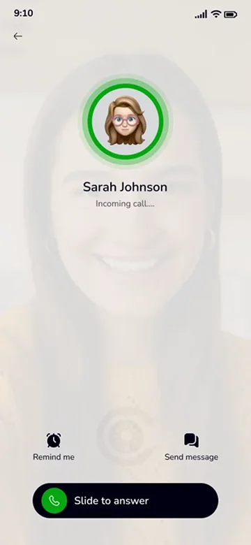 Incoming call screen with contact named 