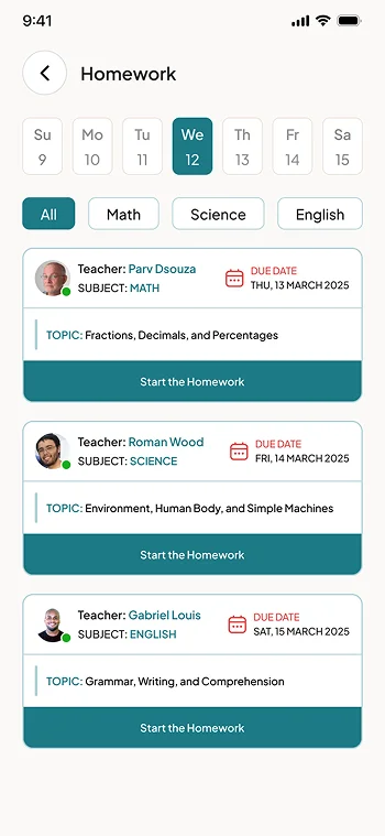 Student Home work screen 