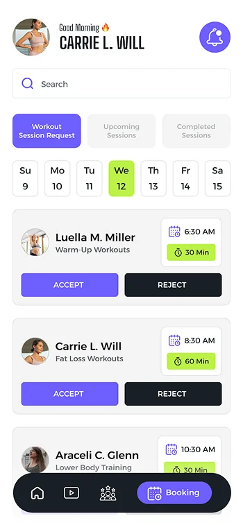 Trainer Workout Session Request for client side