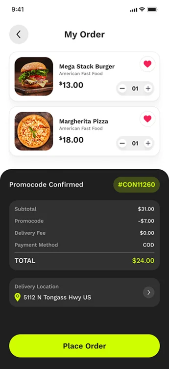Food Order Summary Screen – Mobile App UI
