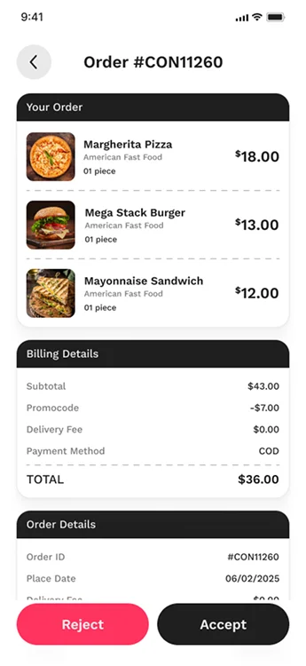 Restaurant App Order Details  Screen 