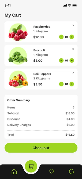add to card sccreen in customer can add vegetables