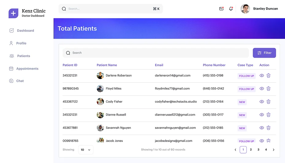 Doctor panel showing patient list with case status and contact info.
