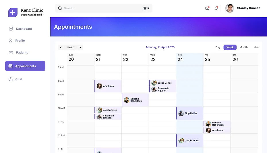Weekly appointment calendar view on doctor dashboard with patient slots.