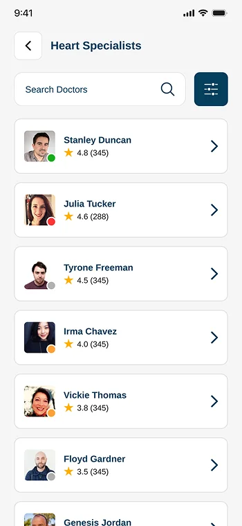 Heart specialists list with ratings, status, and search filter on mobile screen.