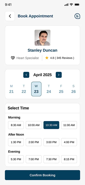 Doctor appointment booking screen with date and time slot selection.