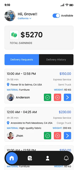 Logistics Driver App UI – Trip Requests & Income Overview