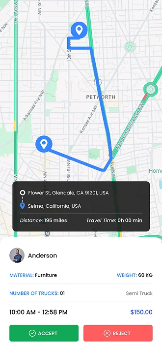 Delivery Route Preview with Request Action – Driver App