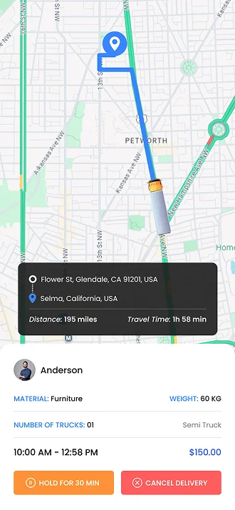 Shipment in Transit – Route Monitoring & Action Buttons UI