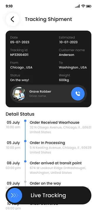Logistics App Tracking  Shipment Screem 