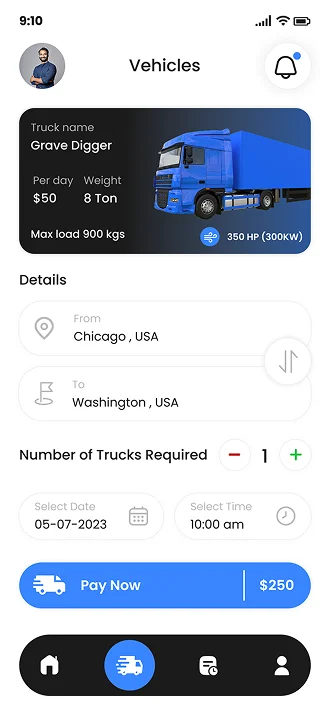Vehicle Selection & Trip Scheduling Screen for Logistics App 