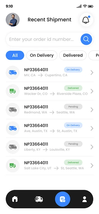 Order History & Delivery Status Screen for Logistics App