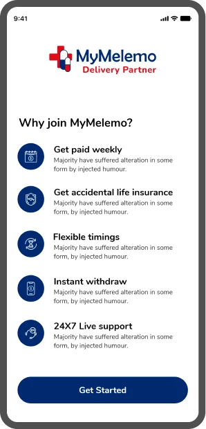 Delivery partner benefits screen with join features and start button.