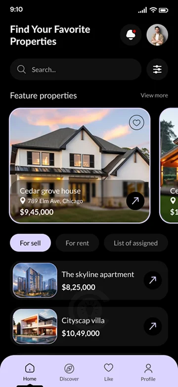 Real Estate Customer App Features Screen