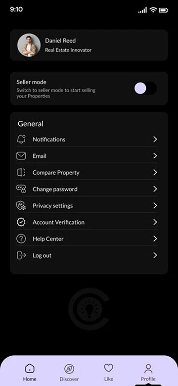 User Profile and Settings Screen in Real Estate App