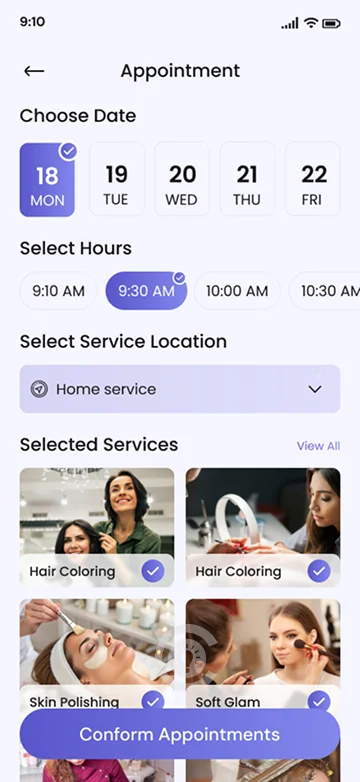Salon app appointment screen with service selection, date, time, and location