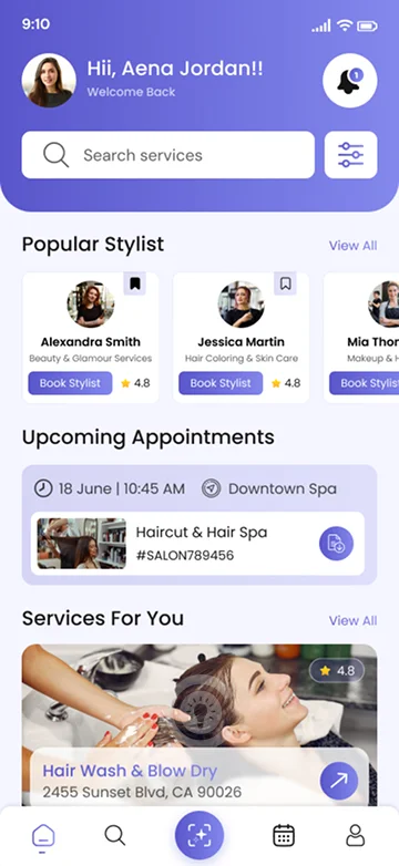 Customer salon app interface with stylist booking and appointment features