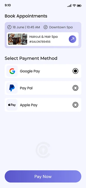 Salon app payment screen with appointment details and multiple payment options