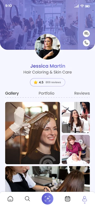 Stylist profile screen in customer salon app with gallery and reviews