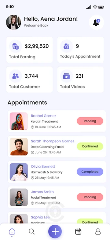 Stylist app dashboard showing earnings, appointments, and client data