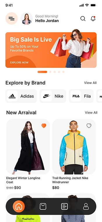 Shopping app UI with product filters, reviews, and secure payments.