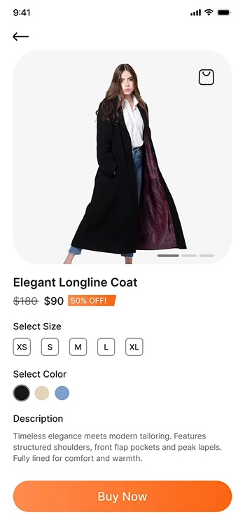 Ecommerce app UI with product details and customer-focused features.