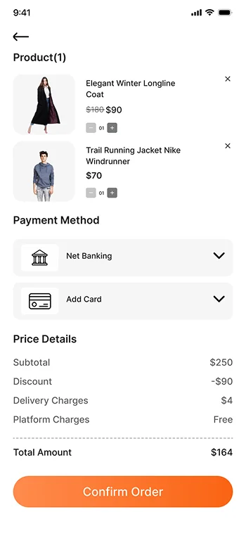 Ecommerce app checkout screen with product list, payment, and pricing summary.