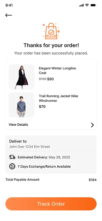 Order confirmation screen with delivery details and tracking option in ecommerce app.