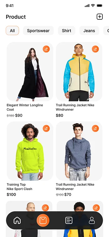 Vendor portal product listing screen with clothing items and category filter.