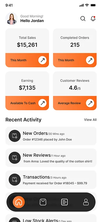 Vendor portal dashboard UI showing sales, earnings, reviews, and recent activity.
