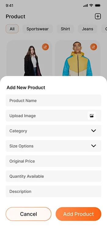 Vendor portal UI for adding new products with category, price, and image upload options.