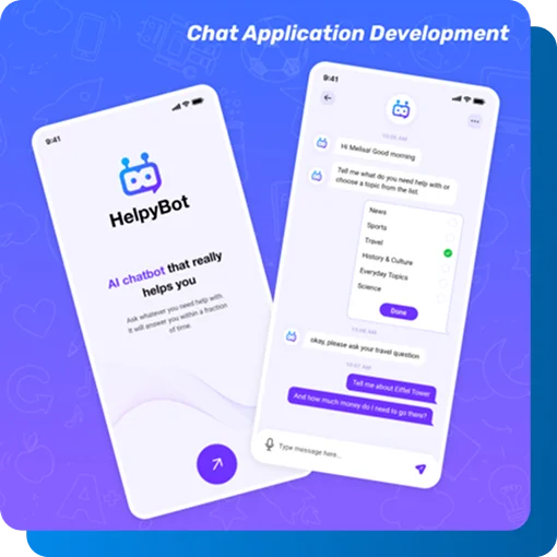 HelpyBot Chat App UI Design – AI Chatbot Interface for Travel and Info Assistance
