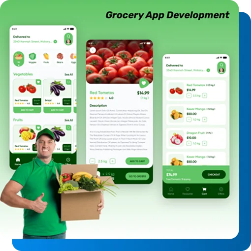 Grocery app UI with product listings, item details, and delivery info.