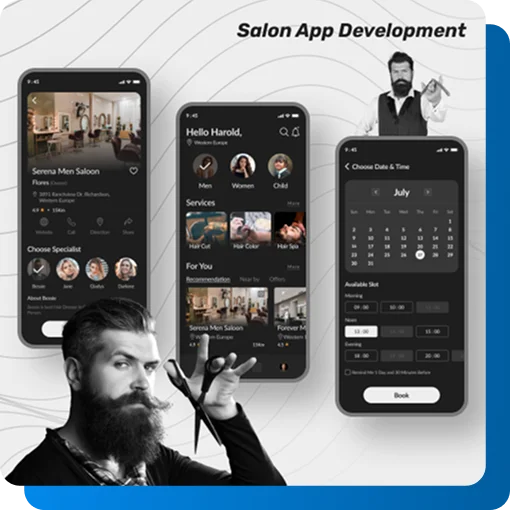 Salon app UI showing booking, services, and specialist selection screens
