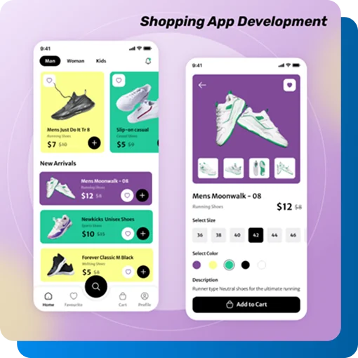 Shopping app UI with sneaker product display.
